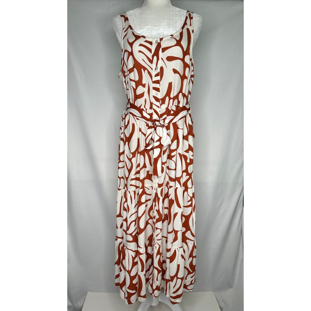 Sonoma Goods For Life Rust Orange White Leaf Print Linen Blend Maxi Dress Sz M